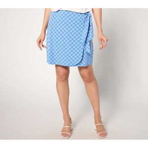 Susan Graver Women's Plus Sz Skirt 1X Printed Liquid Knit Faux Wrap Blue A644534